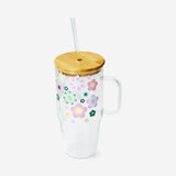TUMBLER WITH HANDLE GLASS AND BAMBOO LID W DESIGN LARGE