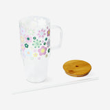 TUMBLER WITH HANDLE GLASS AND BAMBOO LID W DESIGN LARGE