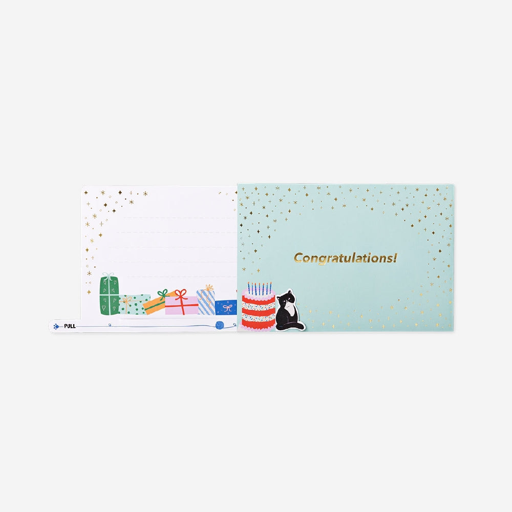 Birthday card - Cat with presents and pull out feature