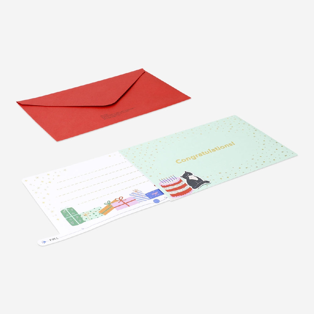 Birthday card - Cat with presents and pull out feature