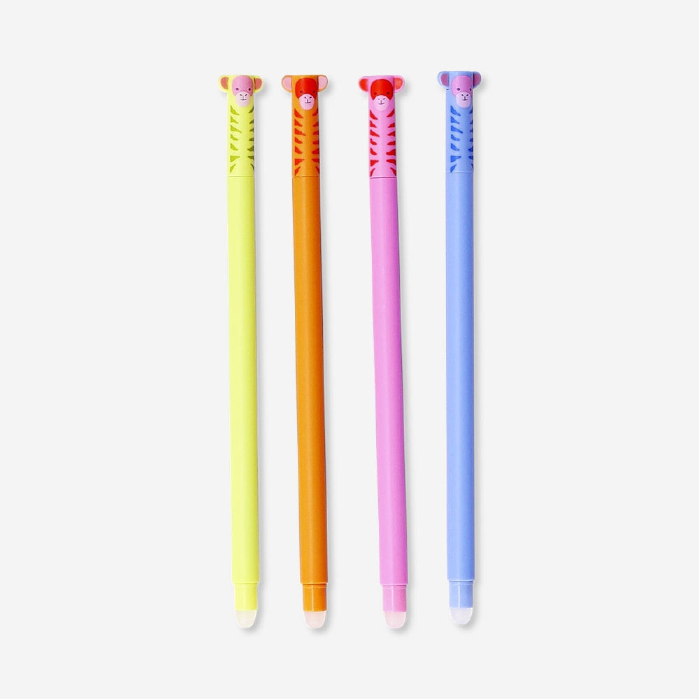 Erasable gel ink pens with monkey toppers - 4 pcs