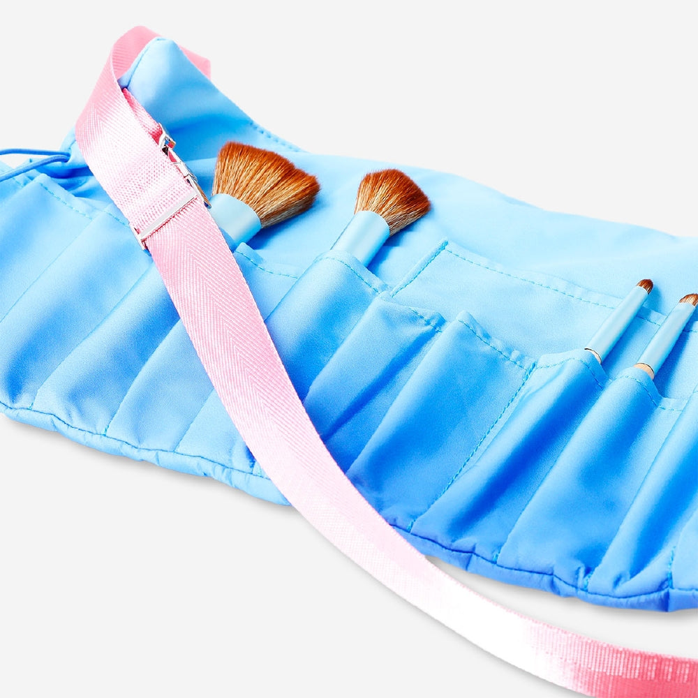 Blue cosmetic belt with 5 makeup brushes