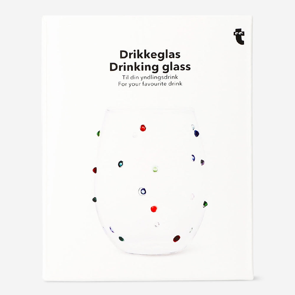 Drinking glass with multi coloured dots 