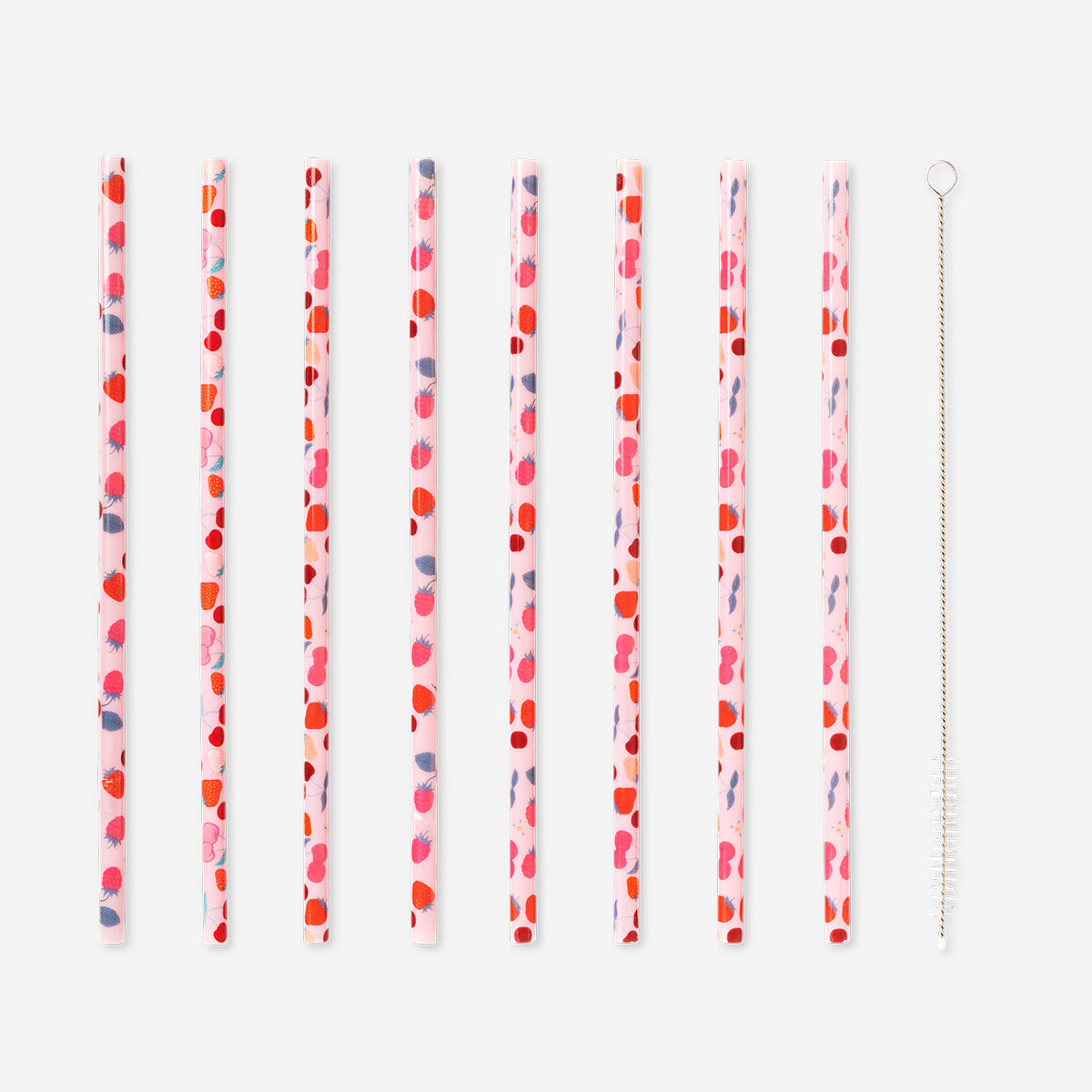 Strawberry straws with cleaning brush - 8 pcs