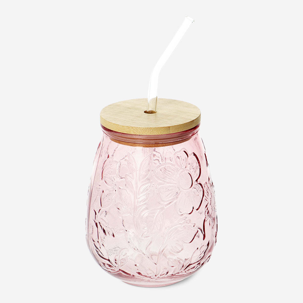 JAR WITH LID AND STRAW GLASS EMBOSSED FLOWERS