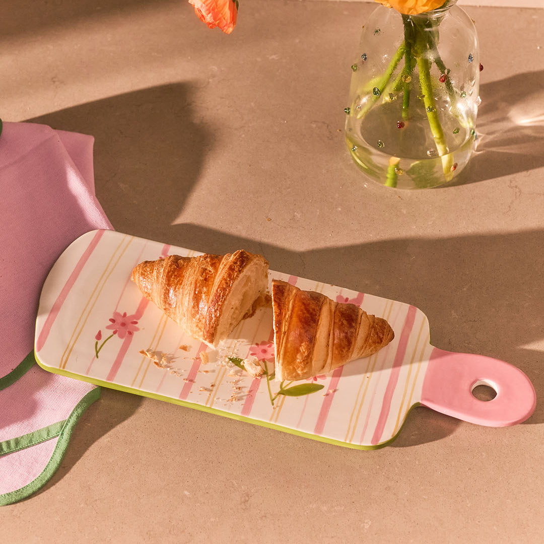 Pembe Çizgili Çiçek Desenli Seramik Sunumluk