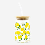 DRINKING GLASS JAR W GLASS STRAW BAMBOO LID LEMON PRINT