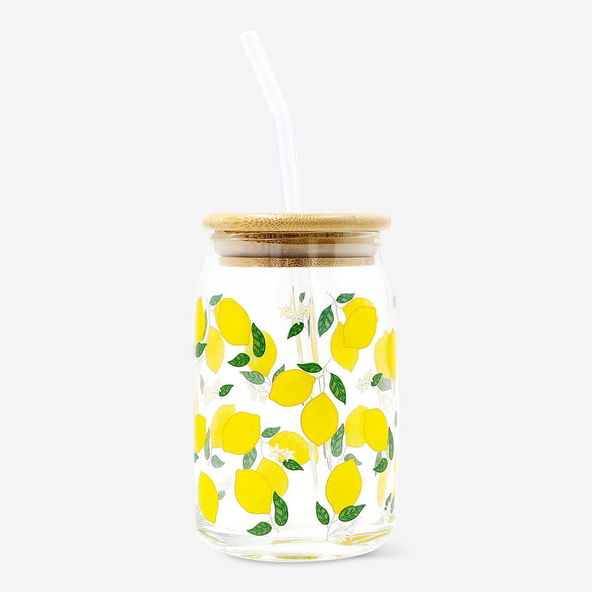 DRINKING GLASS JAR W GLASS STRAW BAMBOO LID LEMON PRINT