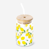DRINKING GLASS JAR W GLASS STRAW BAMBOO LID LEMON PRINT