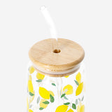 DRINKING GLASS JAR W GLASS STRAW BAMBOO LID LEMON PRINT