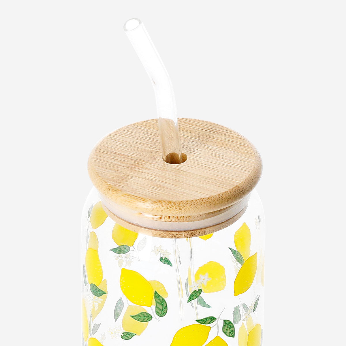 DRINKING GLASS JAR W GLASS STRAW BAMBOO LID LEMON PRINT