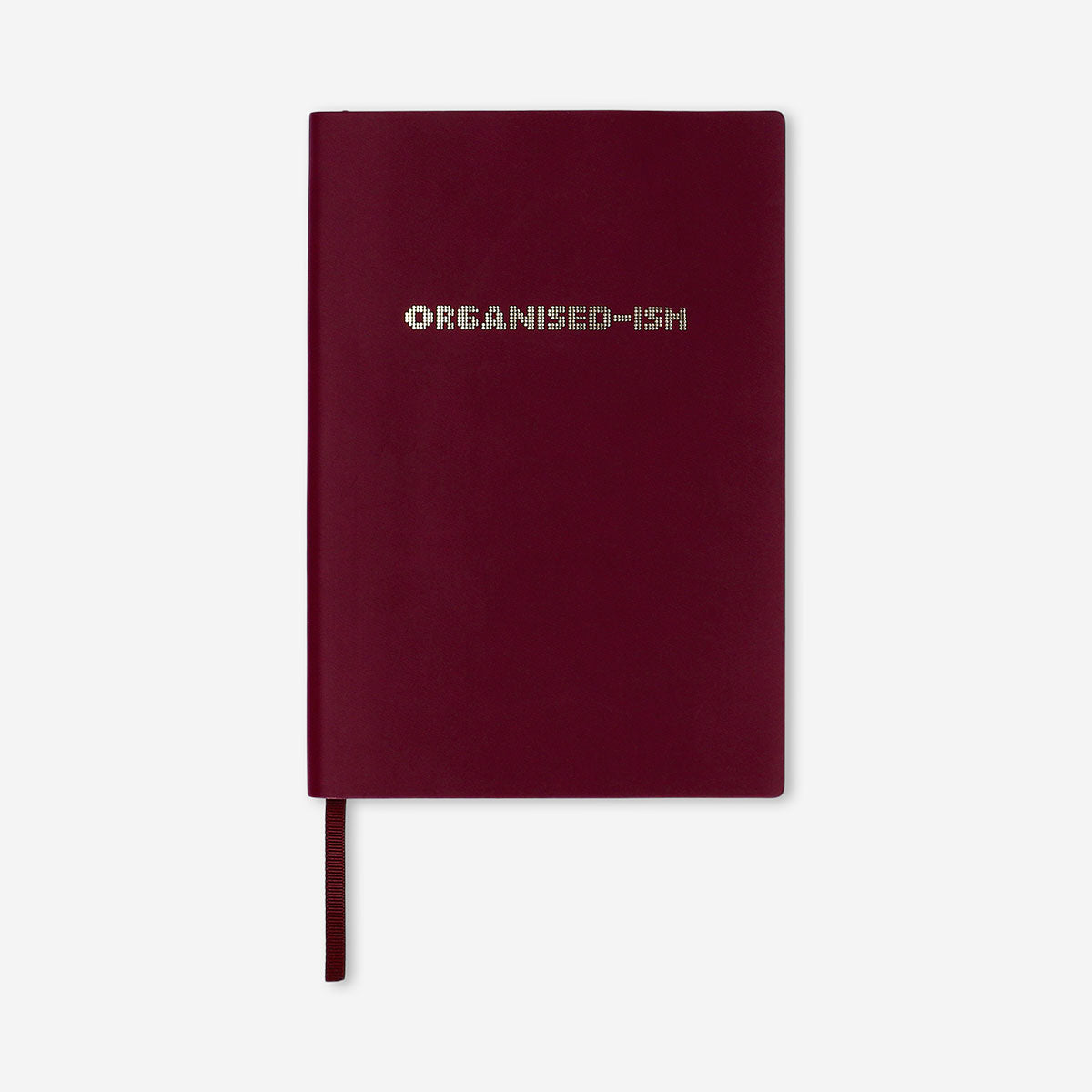 Burgundy notebook with text 