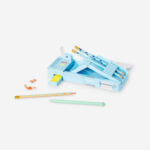 Blue multi functional pencil case with dinosaur 
