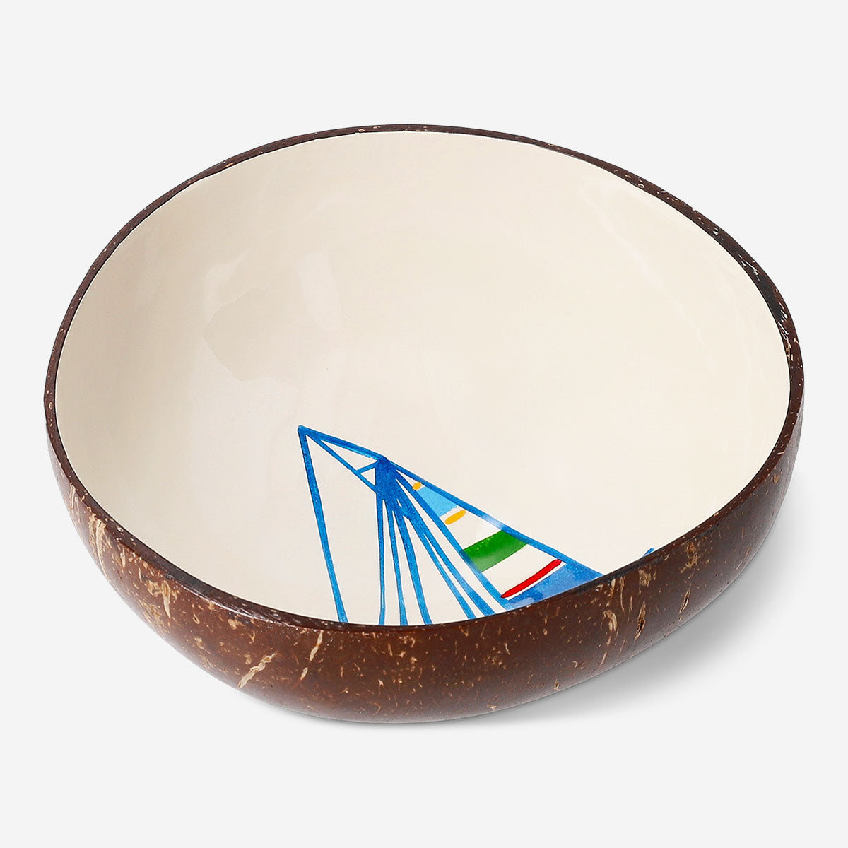 Hand-painted coconut bowl with boat motif - 13 cm