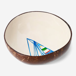 Hand-painted coconut bowl with boat motif - 13 cm
