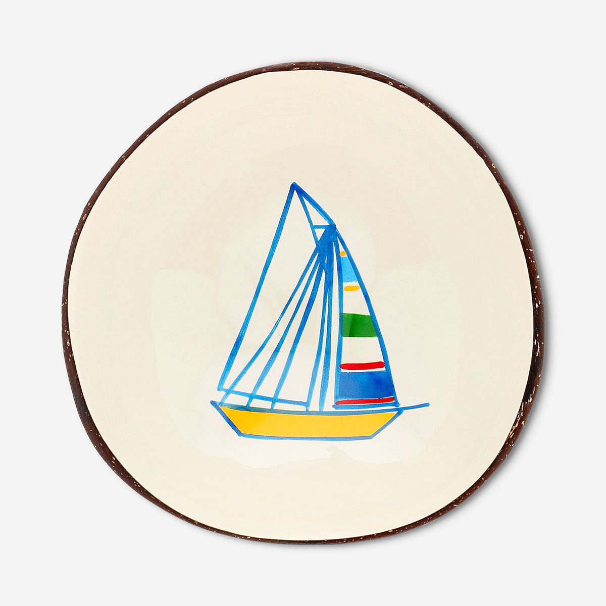Hand-painted coconut bowl with boat motif - 13 cm