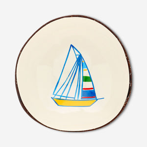 Hand-painted coconut bowl with boat motif - 13 cm