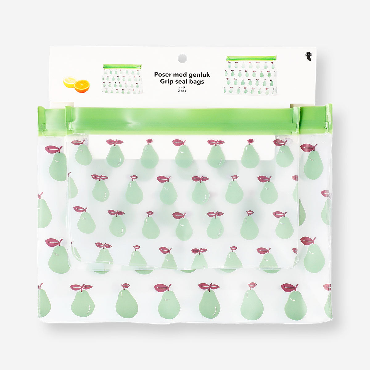 Reusable grip seal bags with green pears - 2 pcs