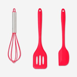 Red kitchen utensils - 3 pcs Scraper and Spatula: silicone Whisk: Silicone, Stainless steel