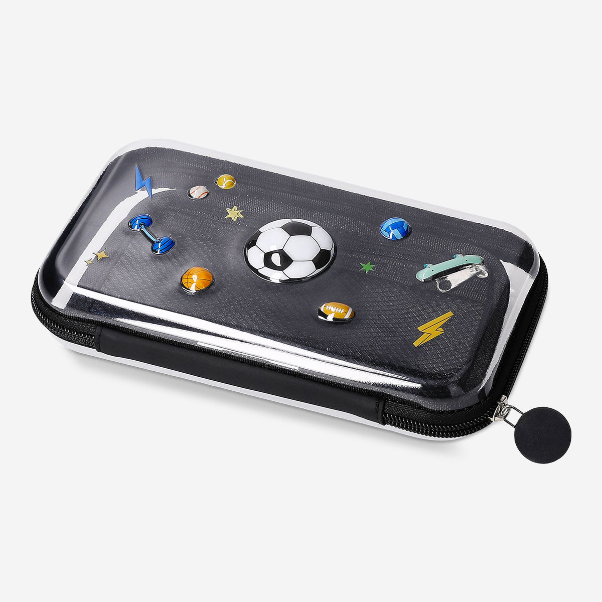 Black hardcase pencil case with sports icons