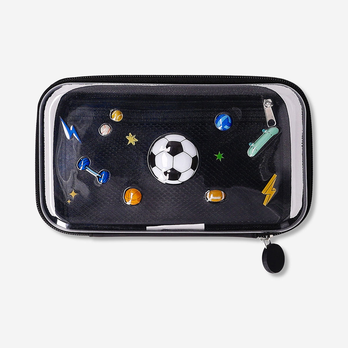Black hardcase pencil case with sports icons