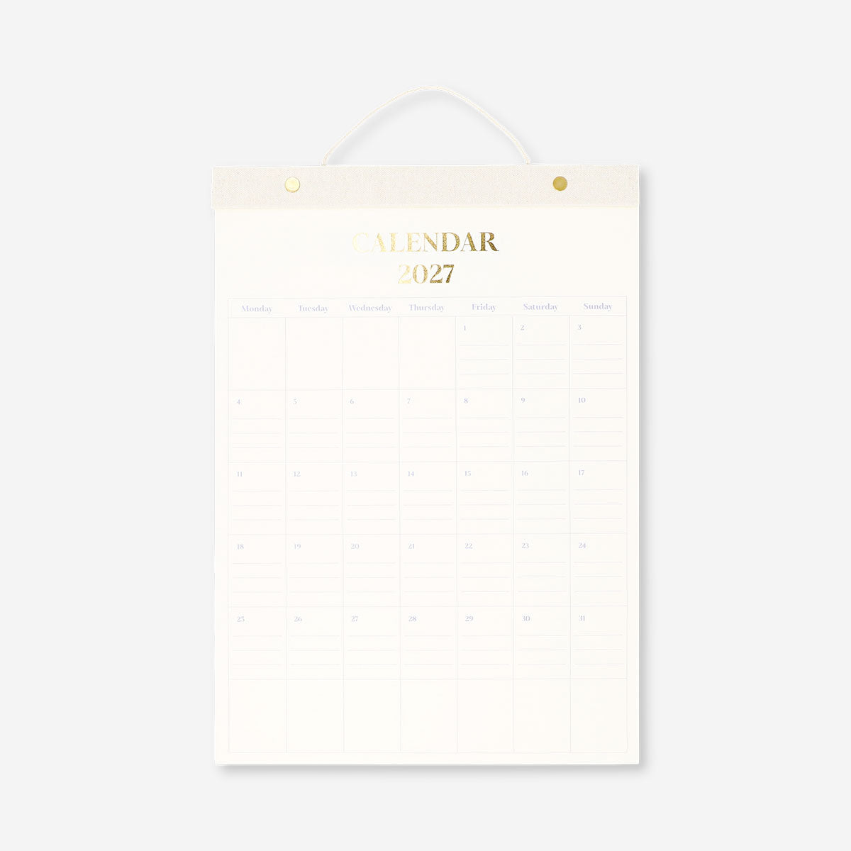 Monthly calendar for hanging 2027