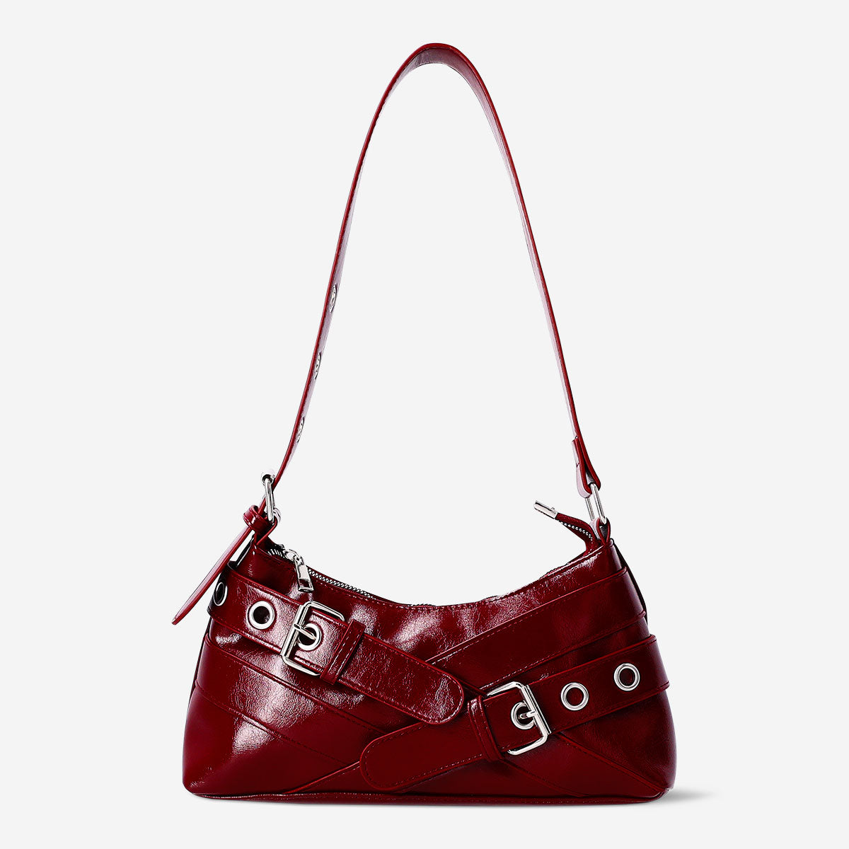 Red shoulder bag with buckles