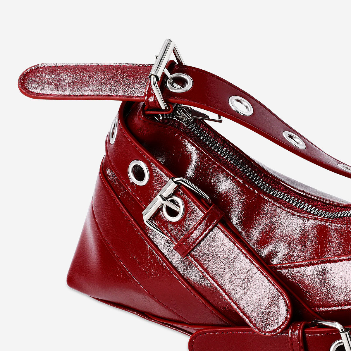 Red shoulder bag with buckles