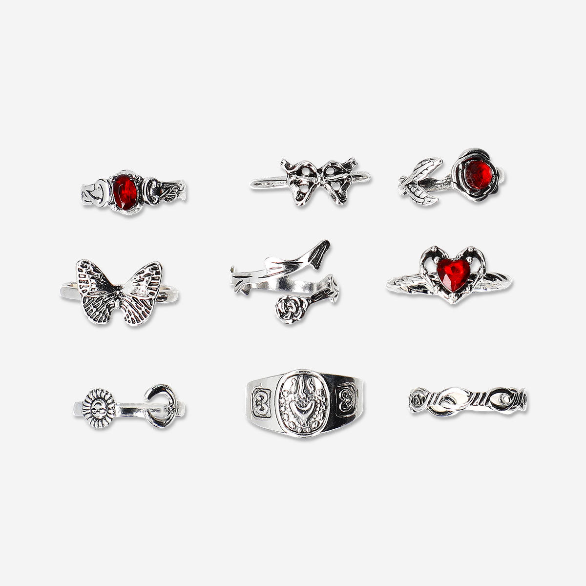 Set of adjustable rings - Romantic gothic - 9 pcs