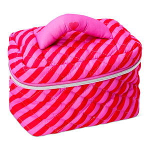 Pembe Çizgili Kapitone Makyaj Çantası