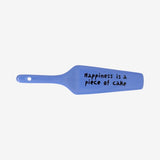 Blue cake slicer with text