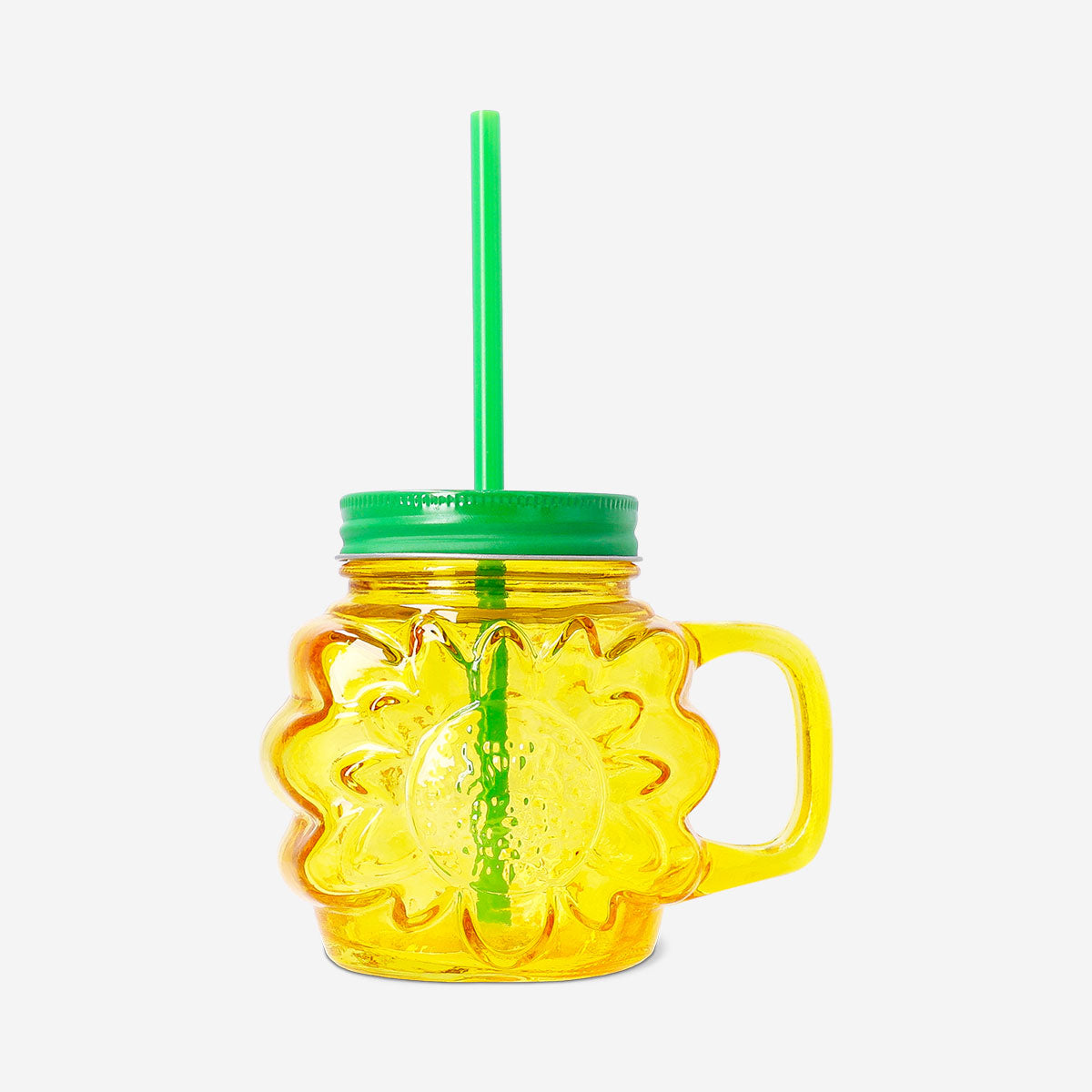 DRINKING GLASS JAR W LID AND STRAW SHAPE SUNFLOWER