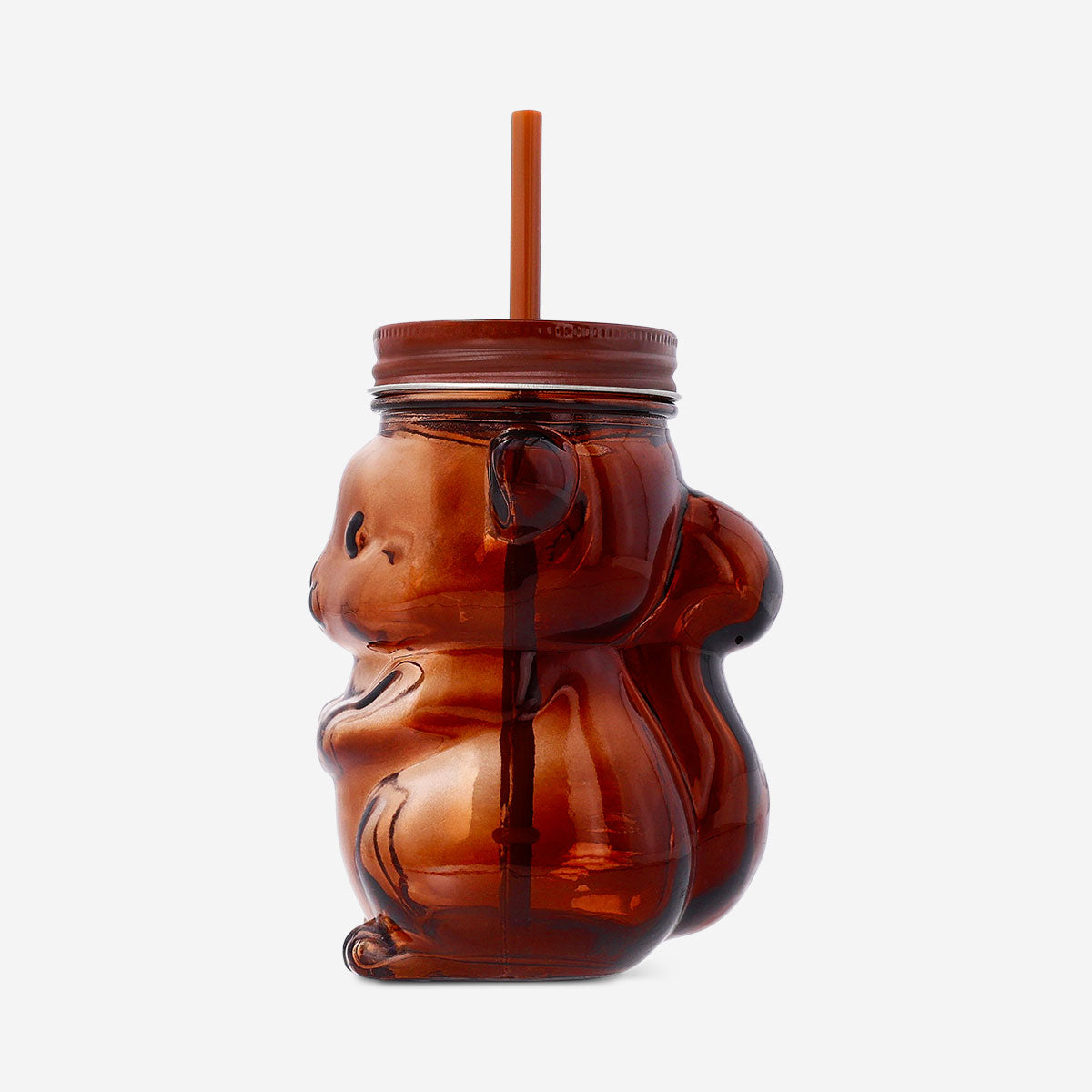 DRINKING GLASS JAR W LID AND STRAW SHAPE SQUIRREL