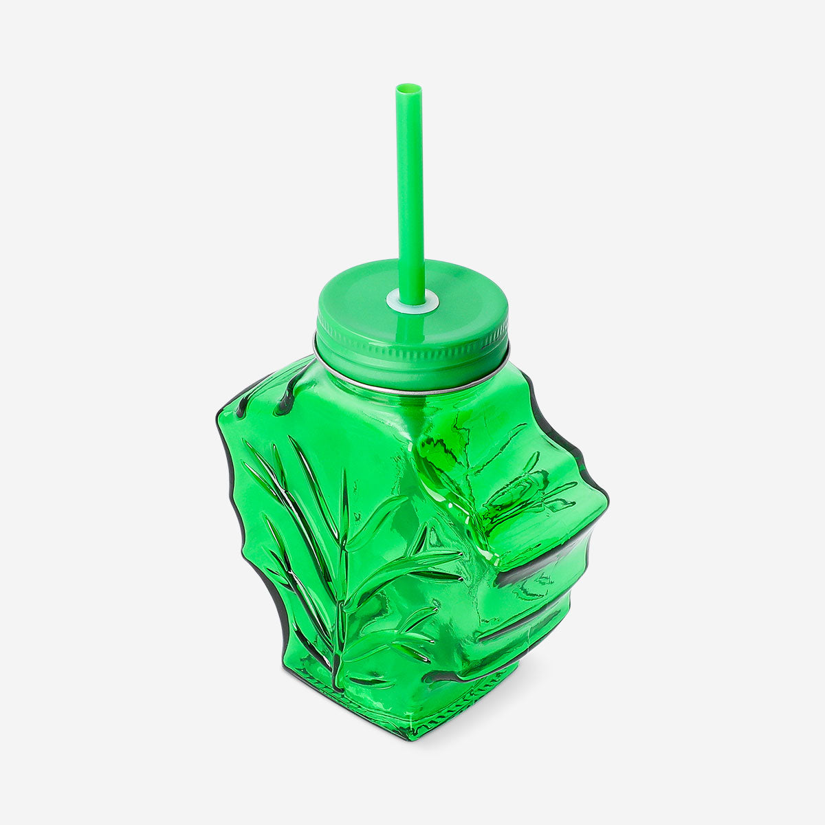 DRINKING GLASS JAR W LID AND STRAW SHAPE LEAF