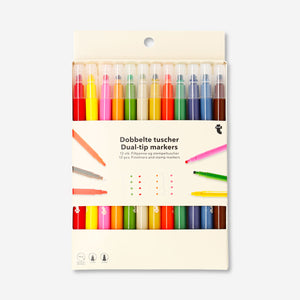 Dual-tip markers with fineliners and stamps - 12 pcs