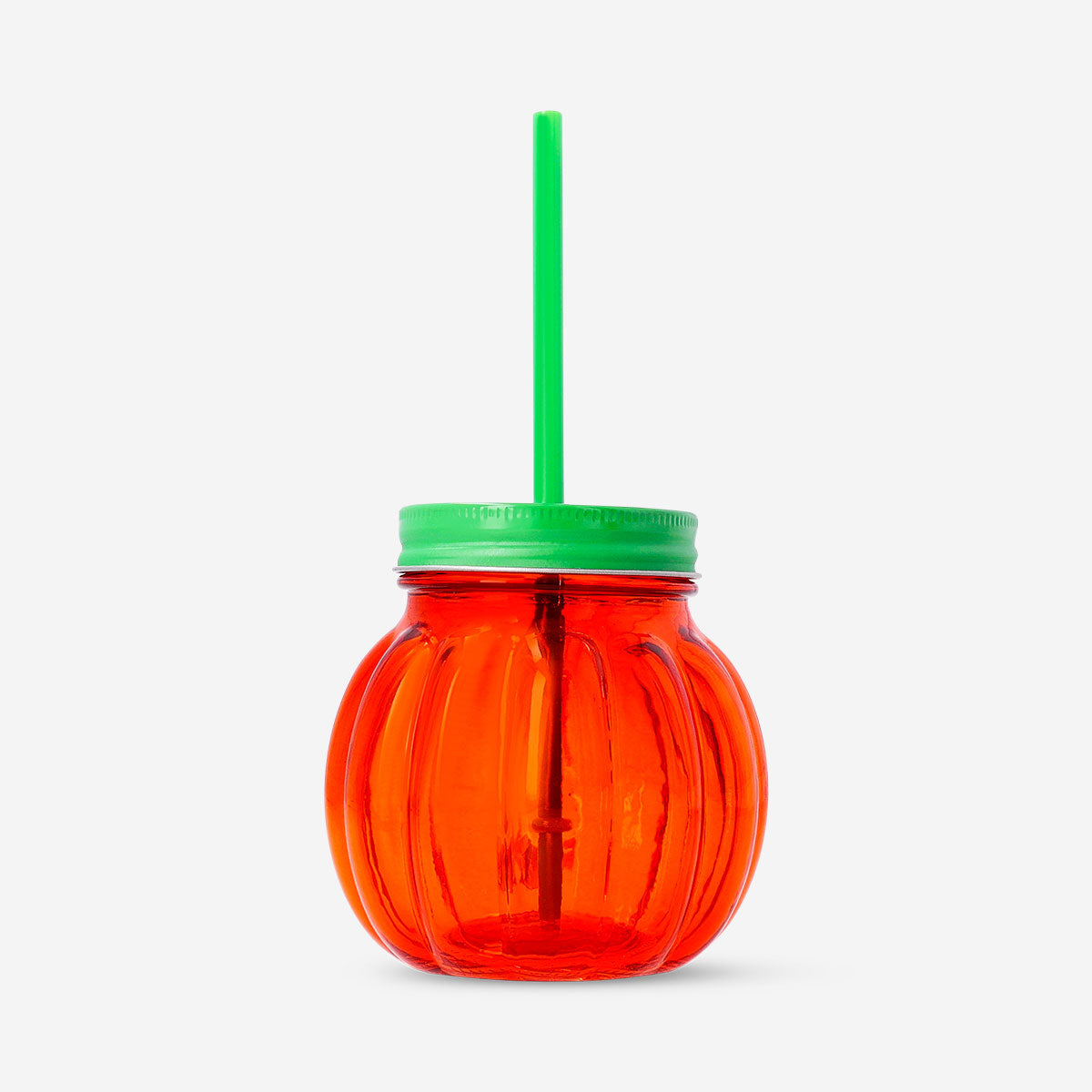 DRINKING GLASS JAR W LID AND STRAW SHAPE PUMPKIN
