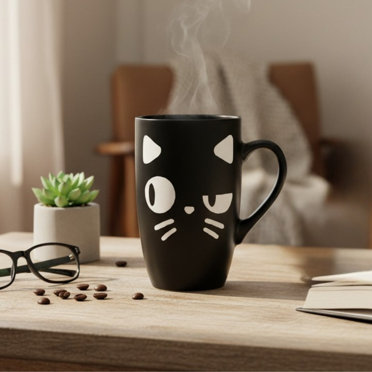MUG W HANDLE BLACK CAT WITH ONE HALF EYE 330ML