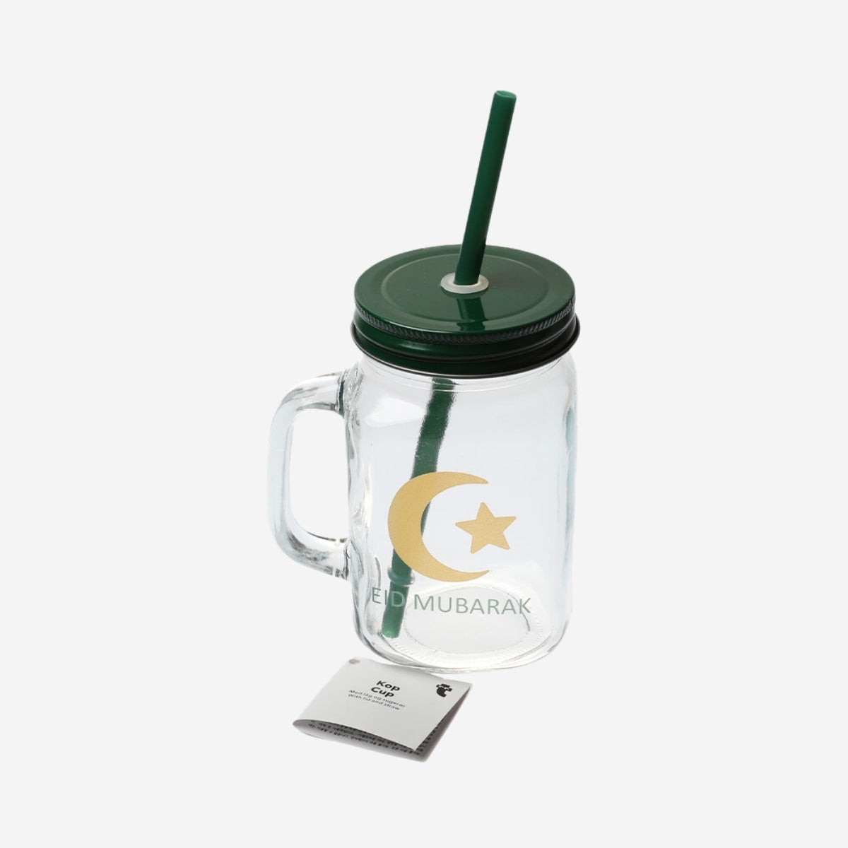 JAR 450ML W LID & HANDLE/STRAW RAMADAN TEXT PRINT