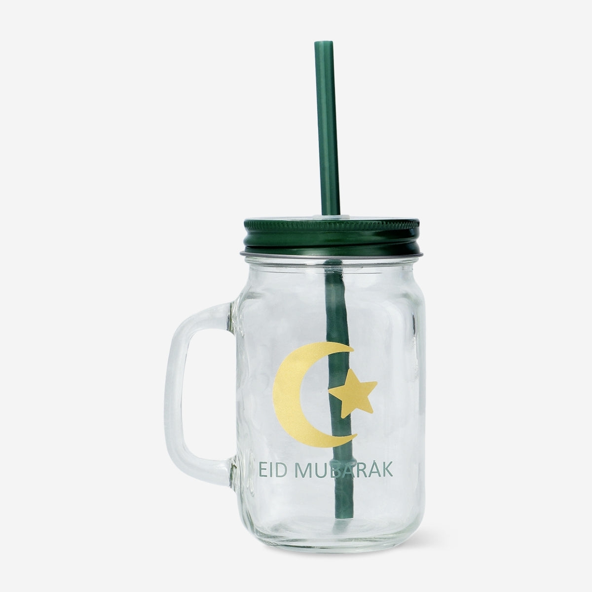 JAR 450ML W LID & HANDLE/STRAW RAMADAN TEXT PRINT
