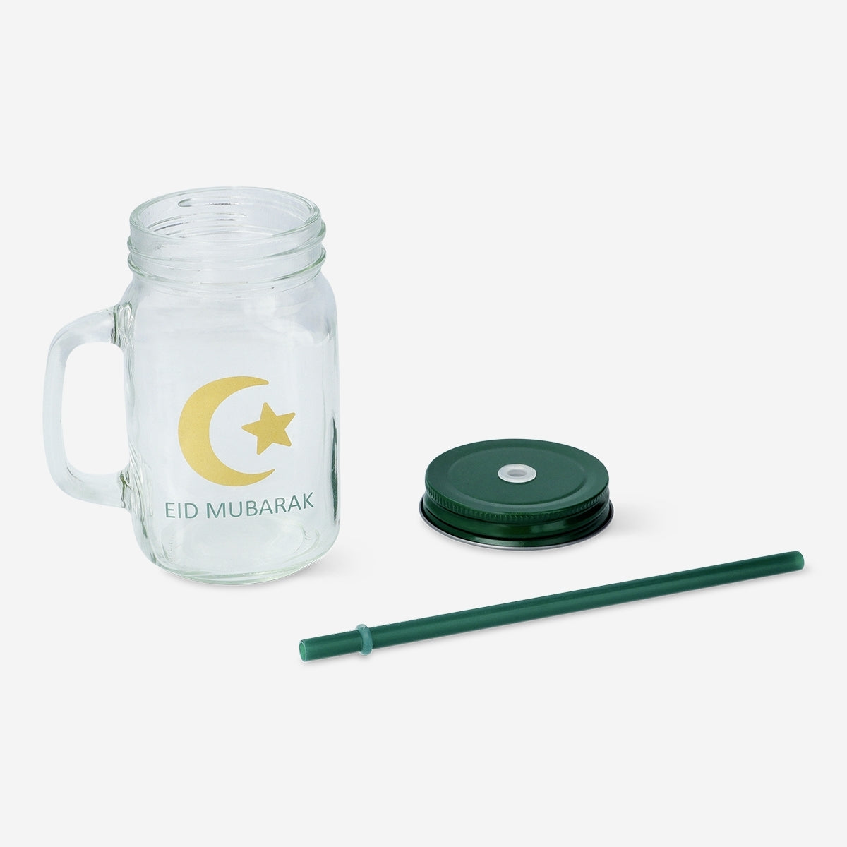 JAR 450ML W LID & HANDLE/STRAW RAMADAN TEXT PRINT