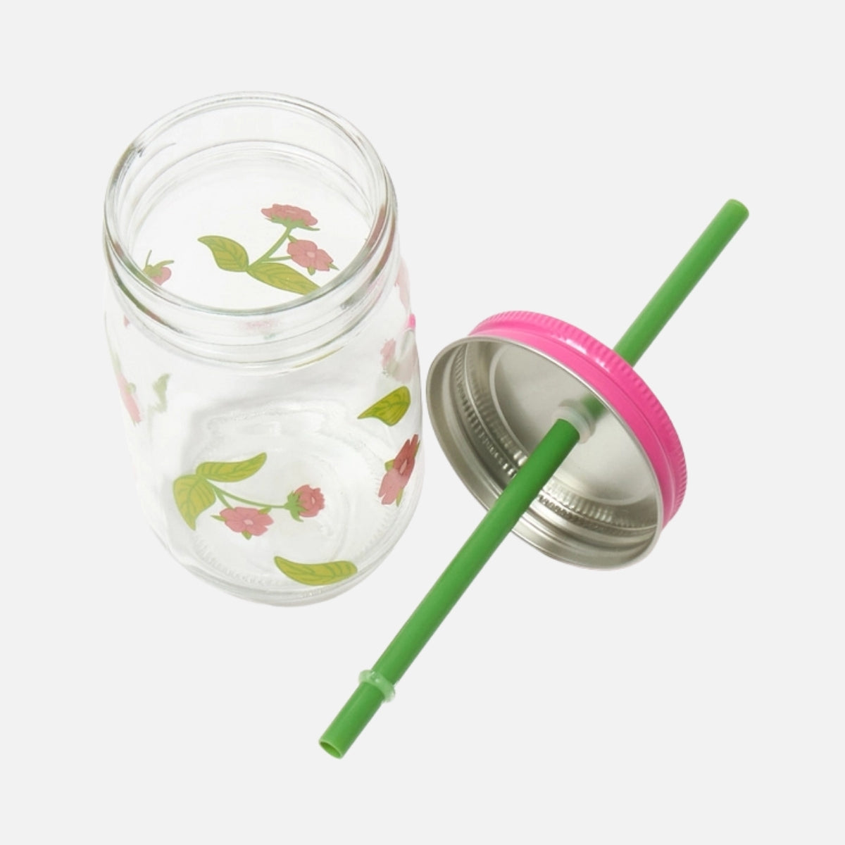 Pembe Kiraz Çiçeği Desenli Pipetli Kavanoz Bardak