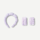 Purple headband and armbands for makeup and skincare 