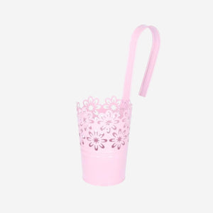 Asılabilen Çiçek Desenli Pembe Demir Saksı 14 cm