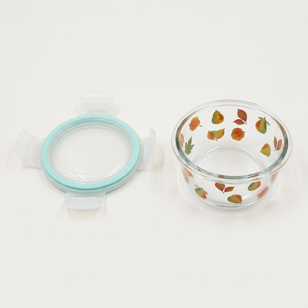 CONTAINER GLASS ROUND SHAPE W LID PEAR & LEAVES PRINT SMALL