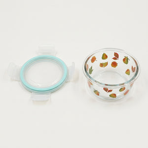 CONTAINER GLASS ROUND SHAPE W LID PEAR & LEAVES PRINT SMALL