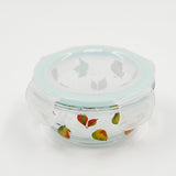 CONTAINER GLASS ROUND SHAPE W LID PEAR & LEAVES PRINT SMALL