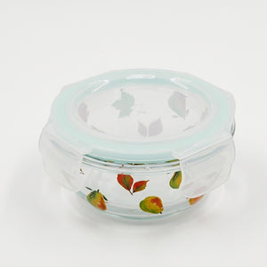 CONTAINER GLASS ROUND SHAPE W LID PEAR & LEAVES PRINT SMALL