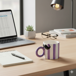 Bıyık Detaylı Mor Çizgili Seramik Kupa