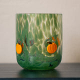 GLASS WITH DOTS COLORED GLASS GREEN W PUMPKIN ORANGE