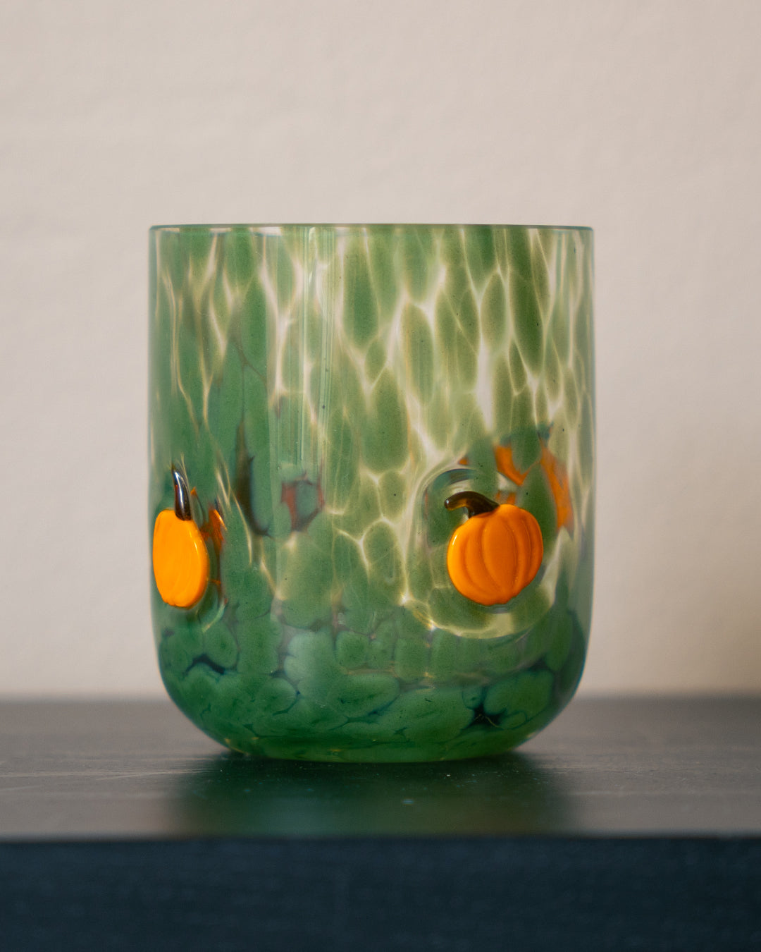 GLASS WITH DOTS COLORED GLASS GREEN W PUMPKIN ORANGE